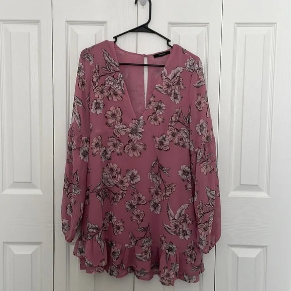 Forever 21 long sleeve pink floral boho mini dress medium - Picture 2 of 6